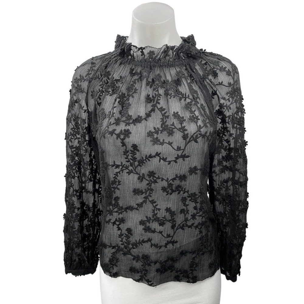 Rebecca Taylor Black Silk Cotton Embroidered Floral Sheer Blouse Top Size‎ 8